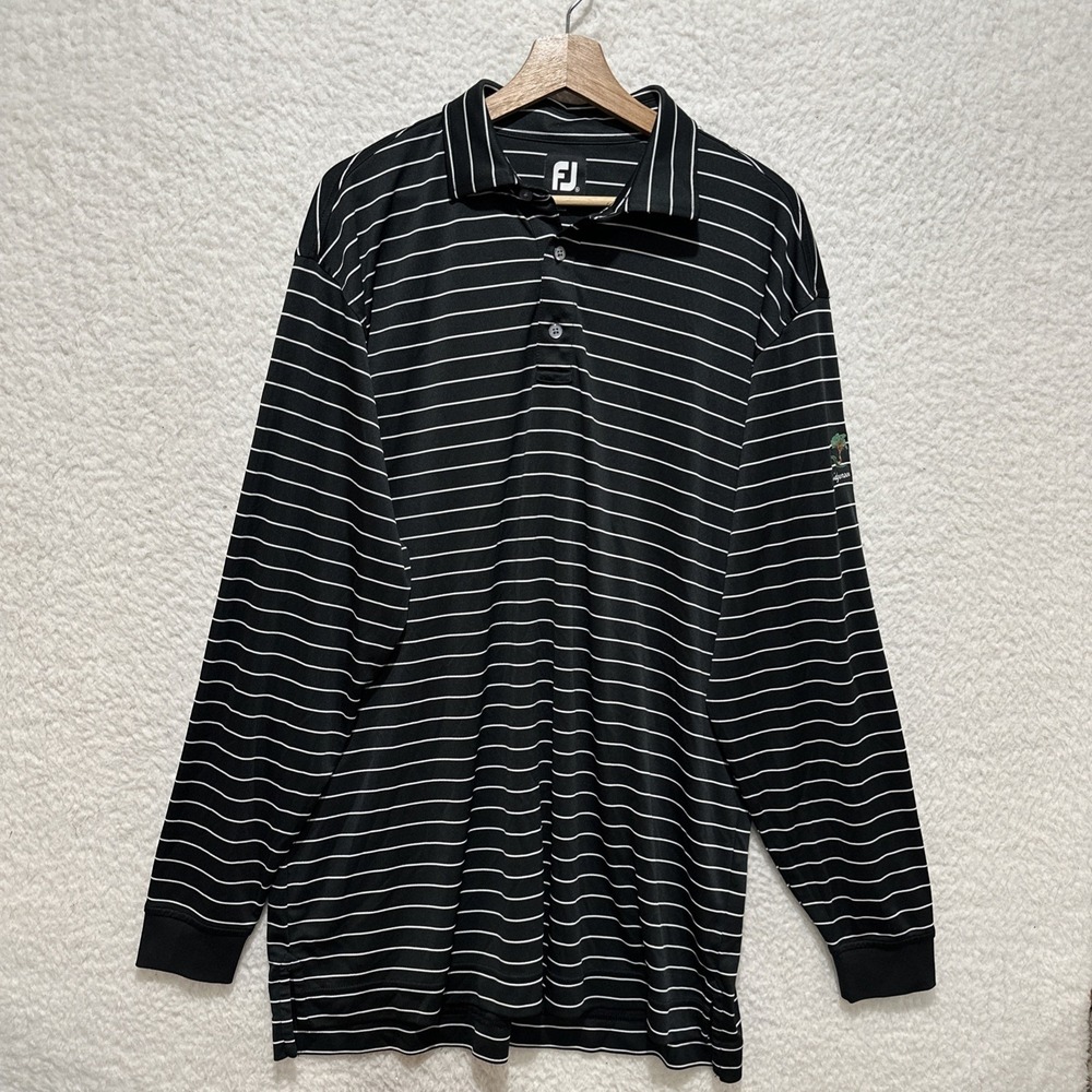 FootJoy Men's L/S Golf Polo Shirt Black & White Stripes Embroidered Ridgemoor XL